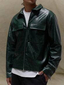 Musero 男士拉链长袖PU皮翻领双口袋修身夹克 春夏款 - 墨綠色 - 查看 6