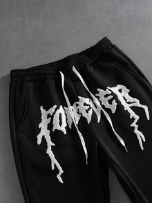 Manfinity Roghcode Pantalones de chándal casuales con cordón en la cintura, decorados con aplicación de letras y rhinestones para hombres - Negro - Ver 6