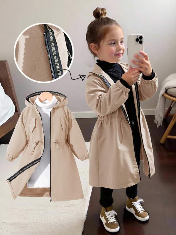 SHEIN Young Girl Casual Letter Decor Loose Text Tape Hooded Pocket Mid-Length Parka Jacket, Trench Coat,Woven Double-Breasted Lapel Loose Long Windbreaker, Casual Military Style, Suitable For Commuting And Outdoor Wear,Y2k Outfits For Girls .Back To School Seasom.Mommy & Sister & Me Matching.