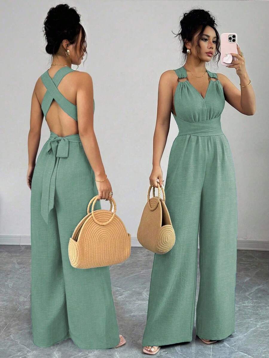 Rafferiza V领系腰阔腿连体裤，蓝色，女式连体衣，休闲夏装，女士度假装