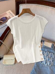 Regalyn Blusa de punto de manga de murciélago con botones decorativos, unicolor, talla grande para verano