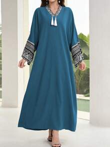 Al Najma 女式优雅几何印花拼接宽松长款开衫连衣裙，秋季 - 藍色 - 查看 3