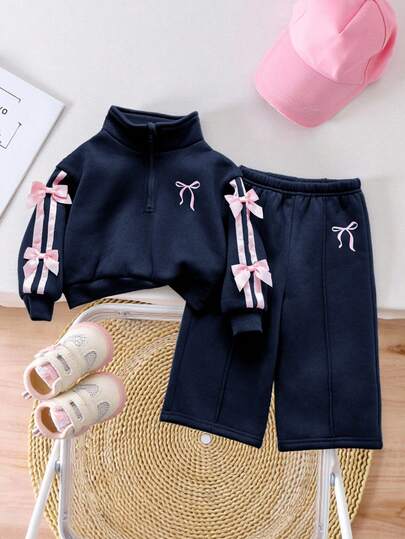 SHEIN 女宝宝可爱百搭灰色蝴蝶结领卫衣套装，秋冬季两件套，女宝宝冬季服装，女宝宝套装，女宝宝运动服，女宝宝两件套，女宝宝冬季两件套服装