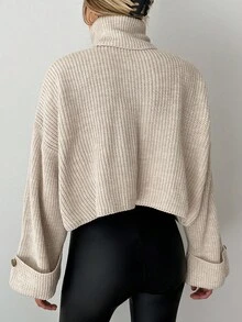 EURMUSE Jersey cuello alto de hombros caídos - Beis - Ver 2