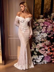 MOTF Soiréza WOMEN'S OFF-SHOULDER FLORAL DECOR LONG SLEEVE SEXY FITTED LACE COCKTAIL DRESS - Beige - View 2