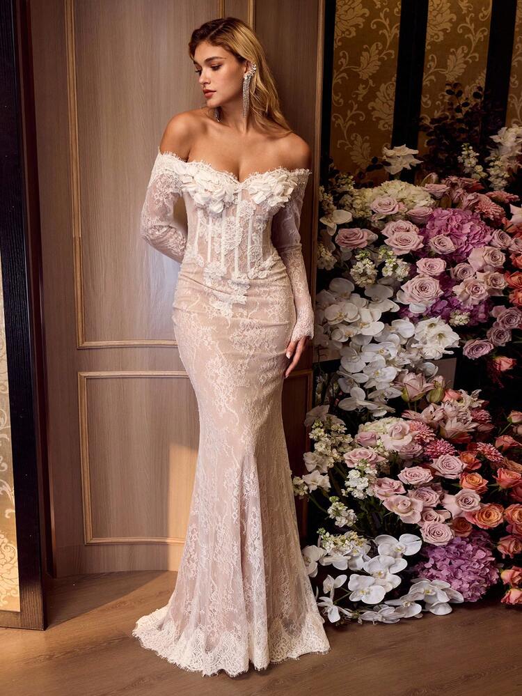 MOTF Soiréza WOMEN'S OFF-SHOULDER FLORAL DECOR LONG SLEEVE SEXY FITTED LACE COCKTAIL DRESS