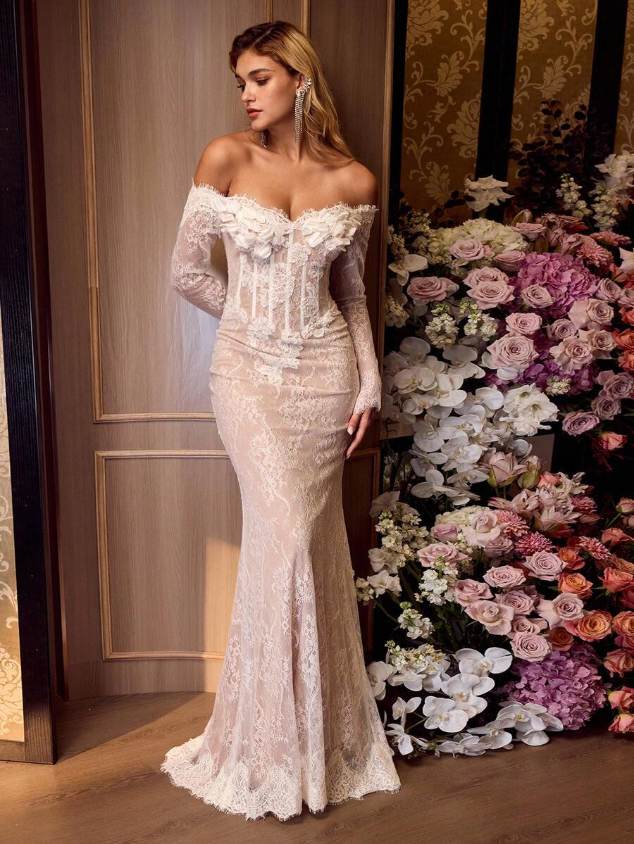 MOTF Soiréza WOMEN'S OFF-SHOULDER FLORAL DECOR LONG SLEEVE SEXY FITTED LACE COCKTAIL DRESS