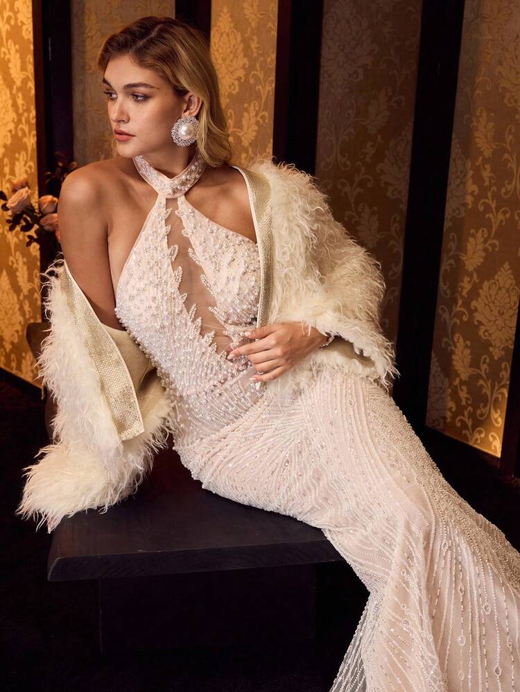 MOTF Soiréza ROBE DE SOIRÉE SIRÈNE SEXY ET ÉLÉGANTE POUR FEMMES, COL ras-du-cou AVEC FAUX PERLES BRODÉES