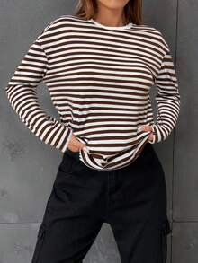 SHEIN EZwear 女款條紋印花圓領休閒落肩長袖上衣，棕色條紋長袖上衣，秋季條紋襯衫 - 棕色 - 查看 3