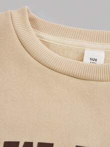 SHEIN 2 Stücke/Set Tween Mädchen Oversized Lässig Einfarbig Khaki Buchstaben Muster Langarm Sweatshirt und weite Hose 2 Stücke Set, Rückkehr zur Schule