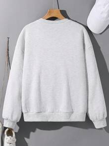 SHEIN Teens Girls Casual Street Style Slogan Graphic Long Sleeve Pullover Sweatshirt,Comfortable Solid Color,Autumn,Graduation,Sport,Back-To-School Clothes - Light Grey - View 4