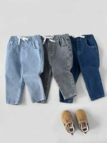 SHEIN Playful Pals 幼儿男童锥形牛仔裤，春秋新款，多色牛仔裤，休闲，修身，松紧腰，适合上学、户外、街头、日常穿着、派对、度假、通勤、居家 - 彩色 - 查看 1
