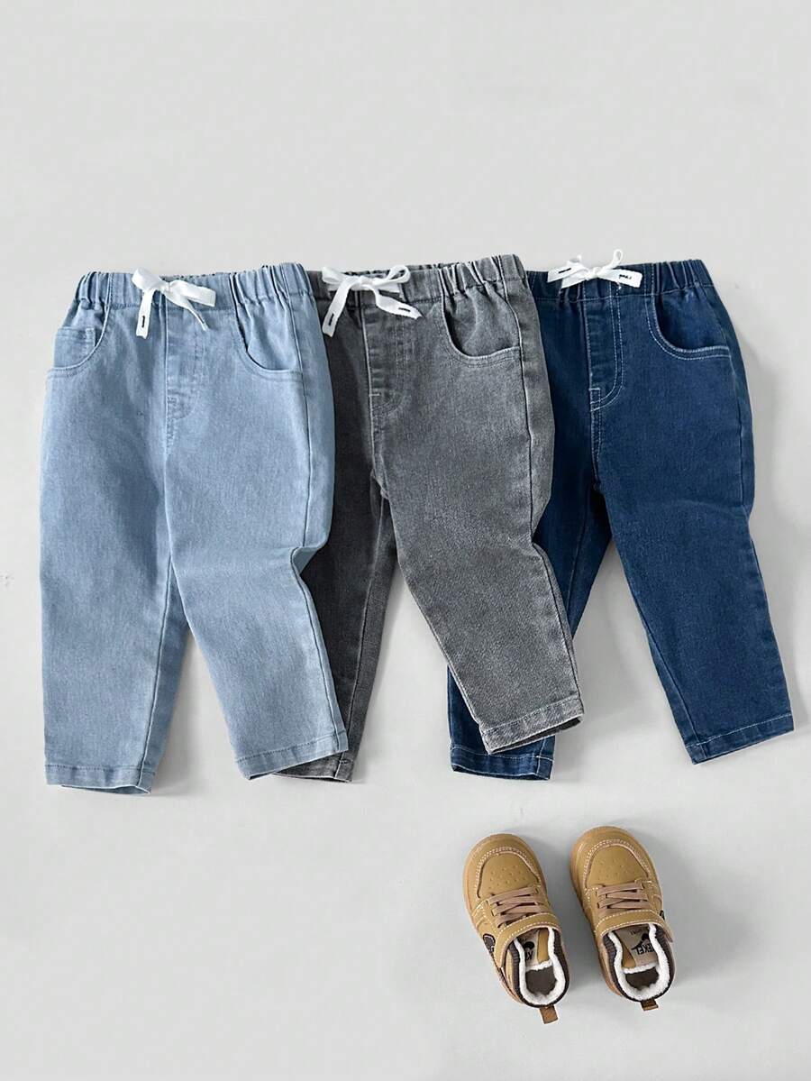 SHEIN Playful Pals 幼儿男童锥形牛仔裤,春秋新款,多色牛仔裤,休闲,修身,松紧腰,适合上学、户外、街头、日常穿着、派对、度假、通勤、居家 - 彩色 - 查看 1