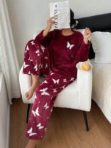 Plus Size Butterfly Flannel Long Sleeve Top & Long Pants Fluffy Pajama Set, Cozy Winter Clothes - Red - View 6