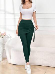 Aidyla Women's Solid Color Side Drawstring Elastic Waist Leggings - Dark Green - View 3