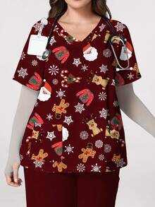 PopScrub 大码女式 V 领短袖磨砂上衣，带口袋、耳挂和侧开衩，圣诞元素图案