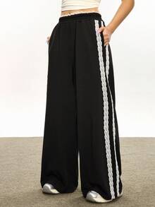 Rina Fox 女式撞色侧条纹撞色蕾丝直筒运动裤 - 黑色 - 查看 1