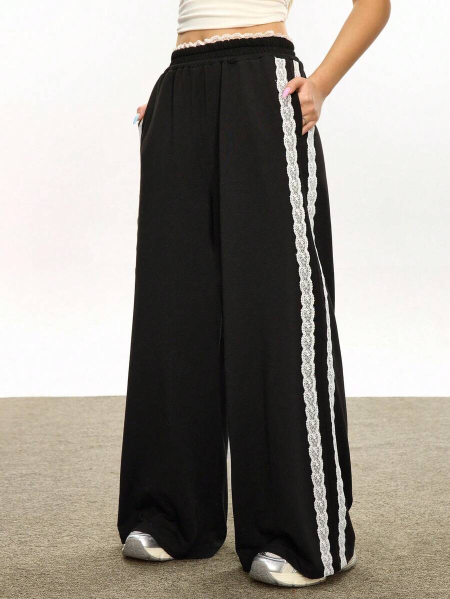 Rina Fox 女式撞色侧条纹撞色蕾丝直筒运动裤 - 黑色 - 查看 1