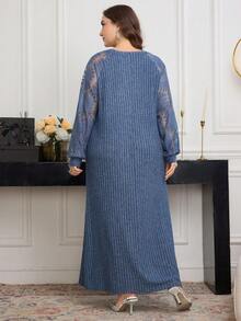 Modelyn 女士秋冬蓬松拼布向日葵蕾丝细节连衣裙 - 藍色 - 查看 4