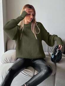 EURMUSE Women Round Neck Raglan Long Sleeve Loose Knit Sweater - Dark Green - View 3