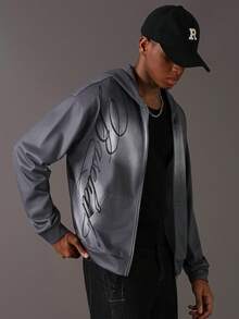 STYNVO Men's Casual Letter Print Zip Up Hoodie Sweatshirt, Autumn Street Wear Grey Hoodie, Long Sleeve Top - Grey - View 4