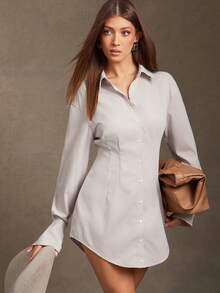 L'Amorae Stretch-Hemdkleid für Damen mit Schnürung auf der Rückseite und französischen Manschetten - Hellgrau - Übersicht 4