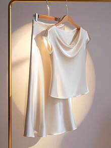 GlowEve Women's Solid Loose Collar Blouse And Fish Tail Midi Skirt 2pcs Set, Elegant - Apricot - View 1