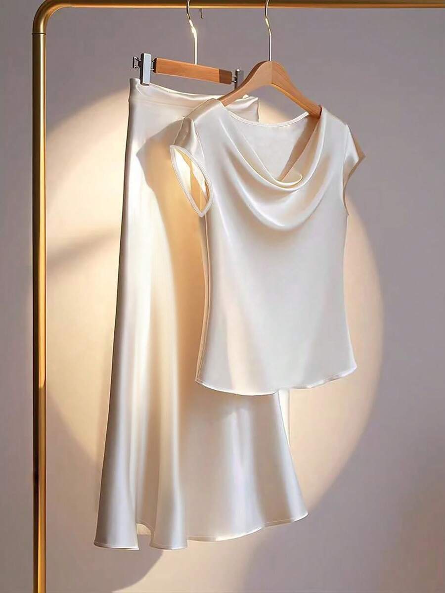 GlowEve Women's Solid Loose Collar Blouse And Fish Tail Midi Skirt 2pcs Set, Elegant - Apricot - View 1