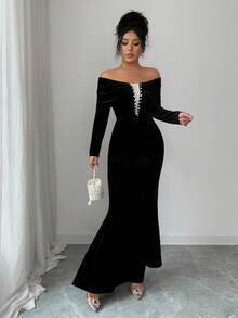 Selianne Váy trễ vai nhung đính ngọc trai, thiết kế bó eo, viền đuôi cá, thanh lịch và duyên dáng, thích hợp cho sinh nhật, hẹn hò, tiệc tùng, lễ tạ ơn, những dịp trang trọng - màu đen - Xem 6