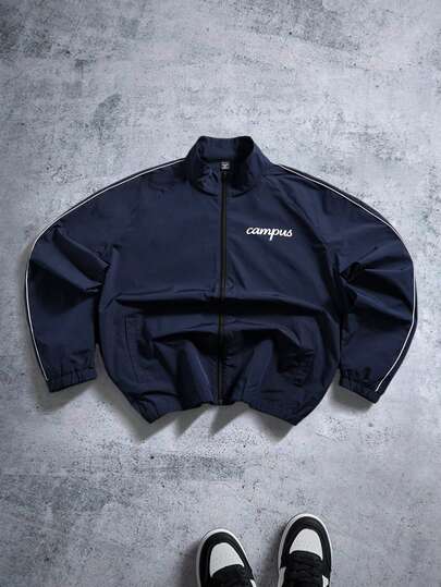 Manfinity ZONE917 男士加大码拉链立领长袖夹克，撞色滚边，休闲户外骑行、用餐聚会皆宜，舒适百搭的简约风格，是送给男友或老公的最佳礼物，街头风藏蓝色夹克，秋季必备。