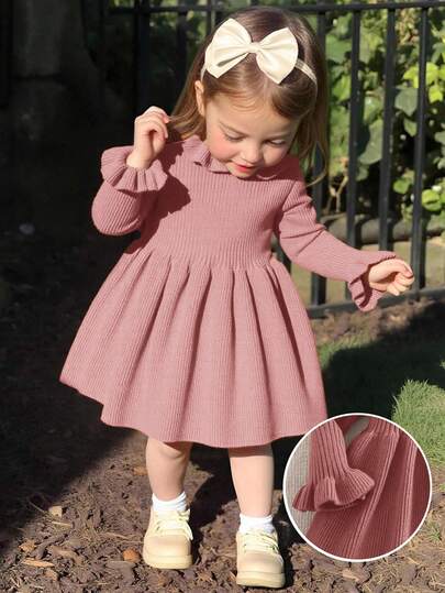 SHEIN Babygirl Cute Solid Color Knitted Long Sleeve Dress, Autumn/Winter
