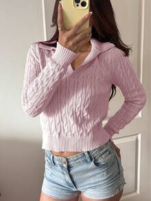 Flirla Women's Casual Drawstring Long Sleeve Knit Sweater, Light Yellow, Autumn/Winter - Pink - View 3