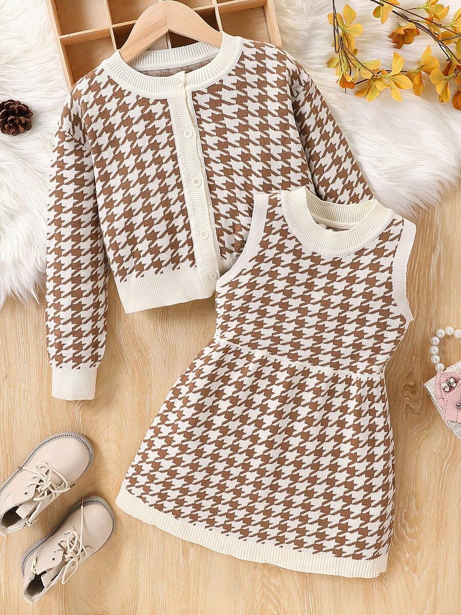 Elladie kids 少女圆领落肩长袖千鸟格针织纽扣前开衫套装 - 棕色 - 查看 1