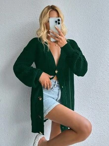 EURMUSE Women Solid Color Long Sleeve Button Front Casual Blouse - Dark Green - View 4