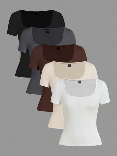 SHEIN EZwear 3 יחידות/חבילה חולצות טי עם צווארון עגול ושרוולים קצרים לנשים, צבעוניות