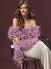 L'Amorae Women's Off Shoulder Furry Fitted Sexy Top - Dusty Pink - View 1