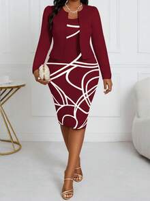SHEIN Lady 2025新款春夏秋冬针织酒红色泡泡袖开襟短款上衣，修身几何图案经典印花直筒连衣裙，大码两件套，曲线连衣裙套装，长袖优雅连衣裙，紧身优雅连衣裙，红色连衣裙，万圣节服装，圣诞节服装，时尚服装系列，女士冬季服装 - 酒紅色 - 查看 3