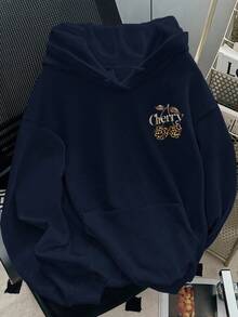 INAWLY Women's Casual Leopard & Cherry Print Drop Shoulder Sweatshirt, Autumn/Winter - Navy Blue - View 2