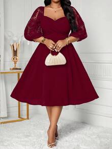 SHEIN Lady Christmas  New Plus Size Burgundy Solid Color Long Sleeve Dress, Minimalist And Fashionable, Suitable For Summer Easter Dress Women Graduation Dress Wedding Guest Dress Women Wedding Guest Dress Women Business Casual Woman/Christmas Summer Dress Clothes For New Year Thanksgiving Outfits For Women Vacation Outfits Women Red Dress  Stylish Clothing Collection Summer Dress  Red Dress Plus Size Dresses Burgundy Elegant Midi Dress Puffy Sleeve Dress Long Sleeve Elegant Dress Belle Elegant Dress/Christmas Dress - Burgundy - View 7