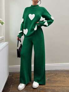 EURMUSE Conjunto de 2 peças de suéter e calça com estampa de coração e gola redonda para mulheres - Multicolorido - Ver 4