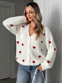 EURMUSE Ivory Chunky Knit Cardigan With Soft Mauve Heart Embroidery And Button Closure - Apricot - View 5