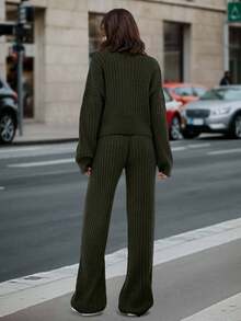 SHEIN Tall Cardigan com zíper e ombros caídos e calças de malha - Verde de Exercício - Ver 2