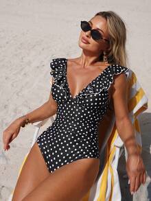 Swim Lushoire Women's Polka Dot Print Ruffle Tie Front One-Piece Swimsuit, Suitable For Summer Beach Vacation - Black and White - View 4