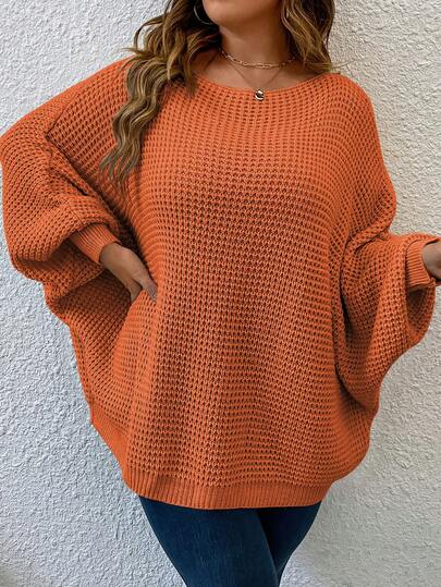 SHEIN LUNE Plus Size Women Batwing Sleeve Loose Casual Fashion Solid Color Knit Pullover Sweater