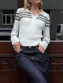 Chiquease Women's Casual Striped Button Half-Placket Long Sleeve Sweater, Autumn - White - View 2
