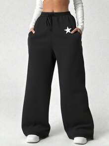 SHEIN Quần len in logo ngôi sao thường ngày cho bé gái tuổi teen, quần đa năng màu trơn phù hợp cho mọi hoạt động, thích hợp để đi làm, đi học, mặc thường ngày, du lịch, tiệc ngoài trời, thể thao, thích hợp cho mùa thu/đông - màu đen - Xem 1