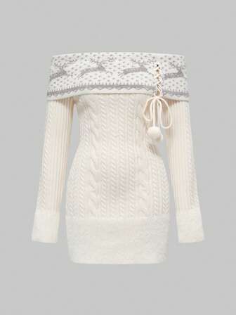 ROMWE Avant Robe pull moulante sexy et mignonne avec empiècement en jacquard de cerf et patchwork en peluche avec épaules dénudées pour femmes