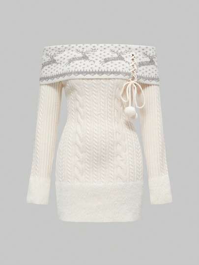 ROMWE Avant Robe pull moulante sexy et mignonne avec empiècement en jacquard de cerf et patchwork en peluche avec épaules dénudées pour femmes