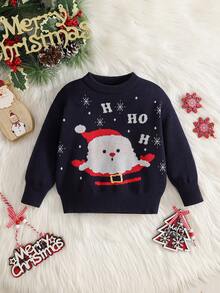 SHEIN Áo len dệt kim cổ tròn tay dài thời trang hình ông già Noel cho bé gái - Xanh đậm - Xem 6