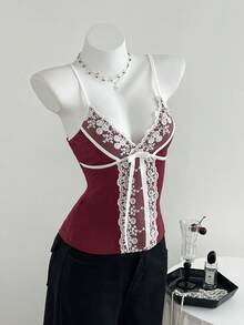 Elamini Women's Casual Fashionable Lace Patchwork Knit Camisole, Autumn/Winter - Burgundy - View 5